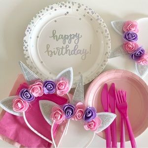 Happy Birthday unicorn pink purple silver sparkle iridescent bundle